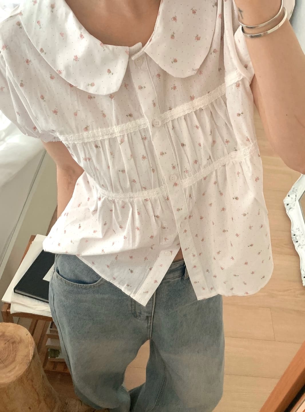 chic 한 부서 여름 달콤함 연령 감소 베이비 칼라 레이스 레이스 주름 장식 싱글 줄 버튼 거품 소매 셔츠 맨위 상세 이미지 18