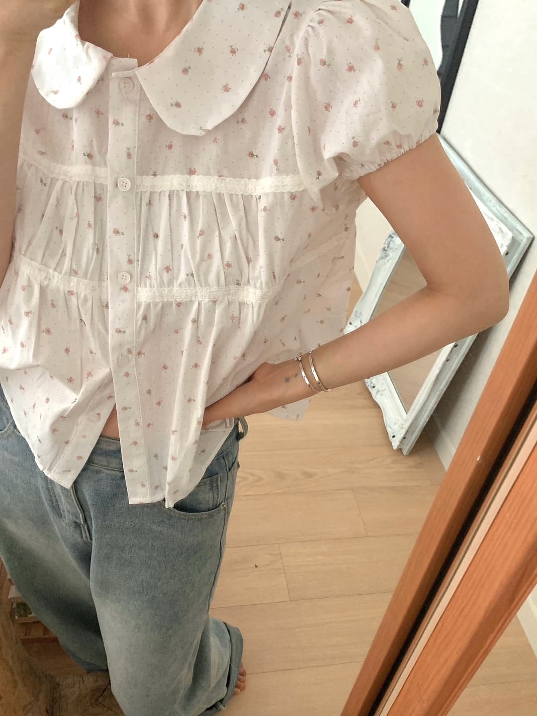 chic 한 부서 여름 달콤함 연령 감소 베이비 칼라 레이스 레이스 주름 장식 싱글 줄 버튼 거품 소매 셔츠 맨위 상세 이미지 21