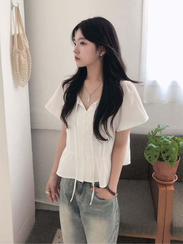chic 한 부서 여름 부드러운 달콤함 나비 매듭 주름 장식 디자인 센스 Feifei 소매 패션 다용도 셔츠 맨위 이미지 2