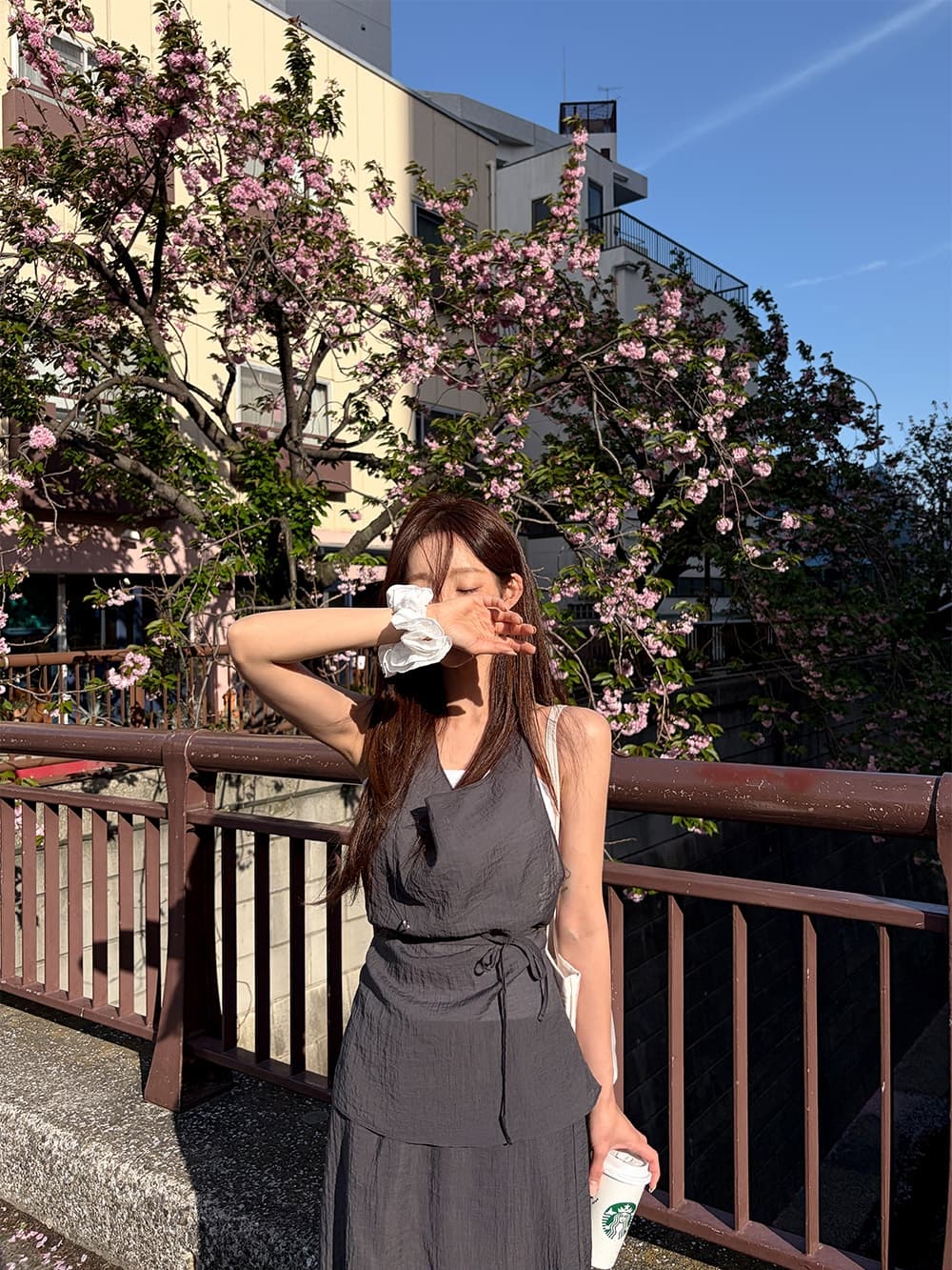 chic 한국 새로운 레트로 품격 행침 목 조끼 코디 반신 스커트 캐주얼 휴가 바람 투피스 세트 세트 이미지 2