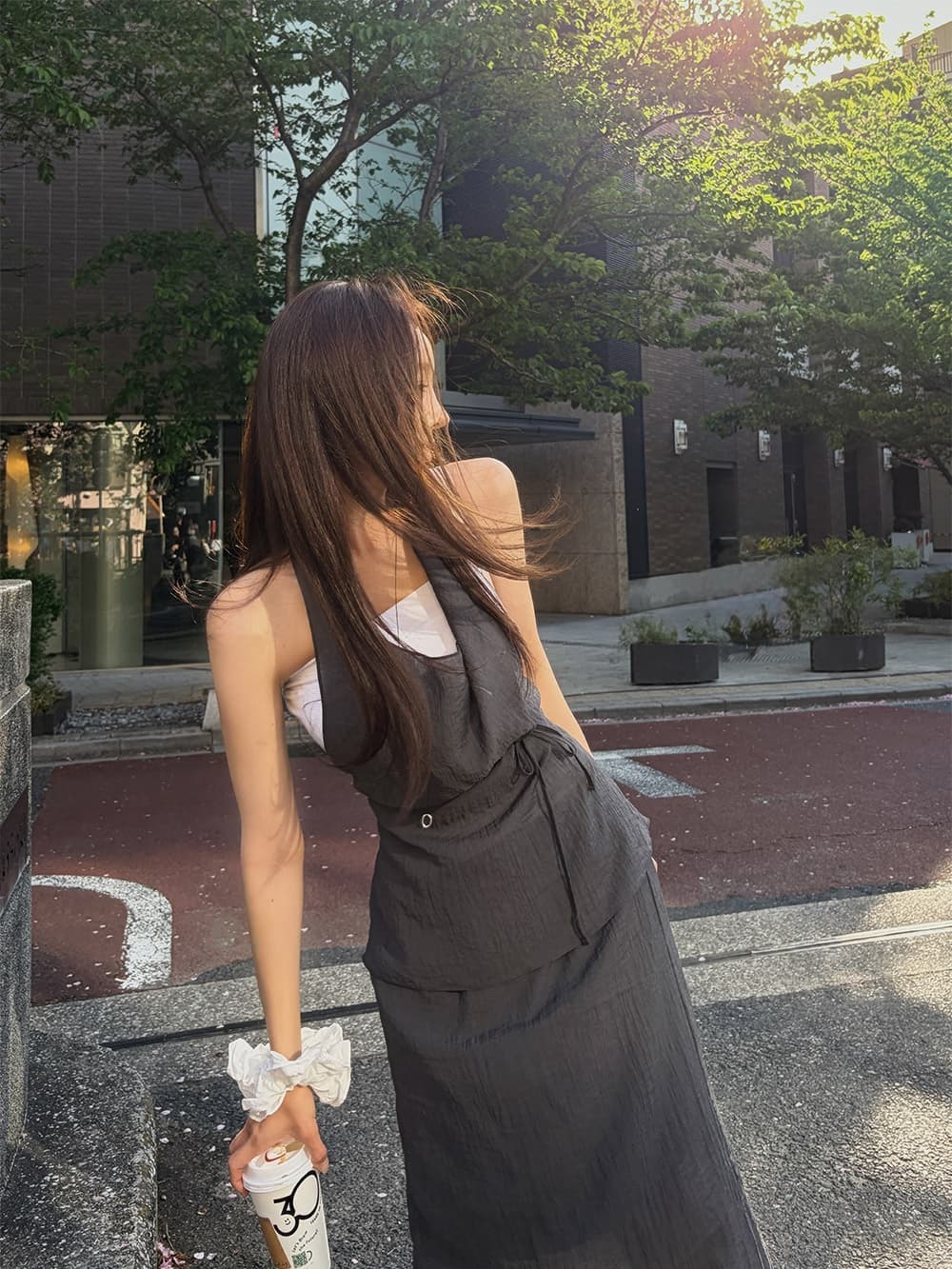 chic 한국 새로운 레트로 품격 행침 목 조끼 코디 반신 스커트 캐주얼 휴가 바람 투피스 세트 세트 상세 이미지 11