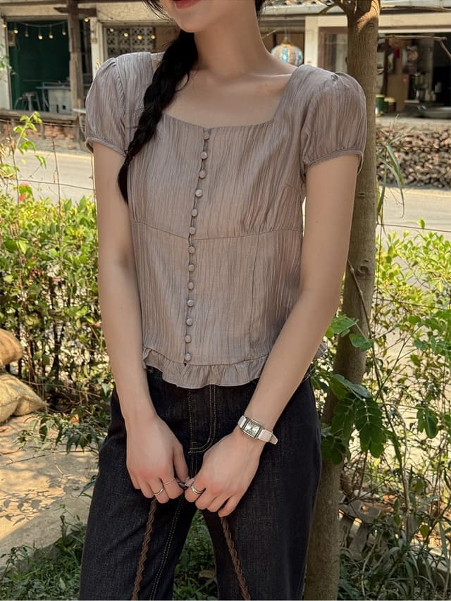 chic 한 부서 여름 부드러운 달콤함 품격 광장 칼라 주름 장식 프릴 싱글 줄 버튼 반팔 셔츠 맨위 이미지 2