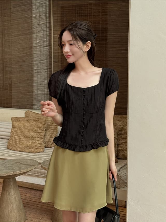 chic 한 부서 여름 부드러운 달콤함 품격 광장 칼라 주름 장식 프릴 싱글 줄 버튼 반팔 셔츠 맨위 이미지 3