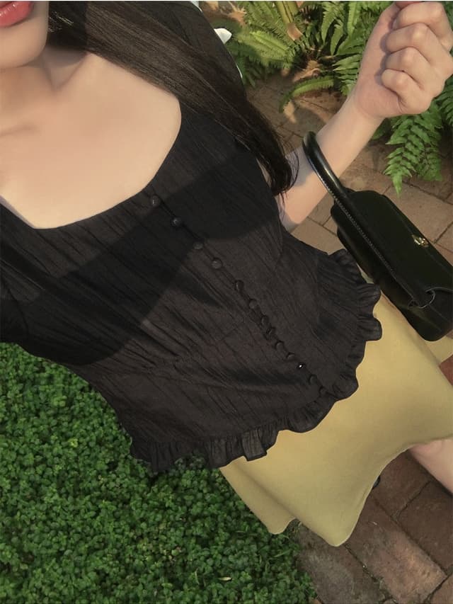 chic 한 부서 여름 부드러운 달콤함 품격 광장 칼라 주름 장식 프릴 싱글 줄 버튼 반팔 셔츠 맨위 상세 이미지 14