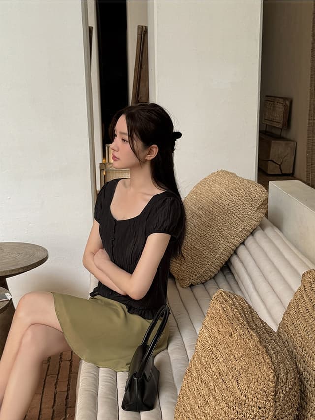 chic 한 부서 여름 부드러운 달콤함 품격 광장 칼라 주름 장식 프릴 싱글 줄 버튼 반팔 셔츠 맨위 상세 이미지 17