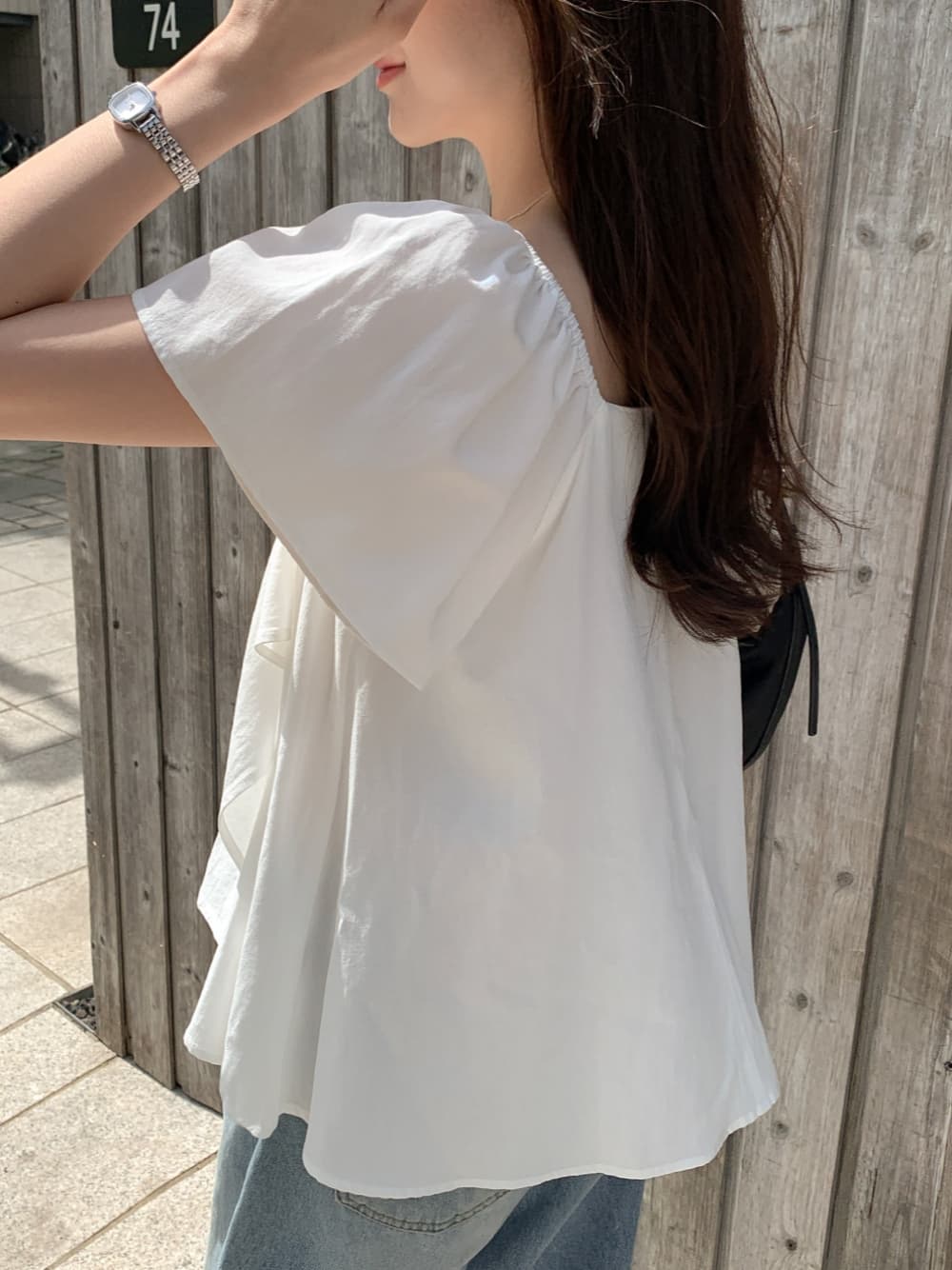chic 한국 여름 프랑스식 광장 칼라 품격 작은 대중 디자인 센스 Feifei 소매 루즈핏 다용도 셔츠 맨위 상세 이미지 6