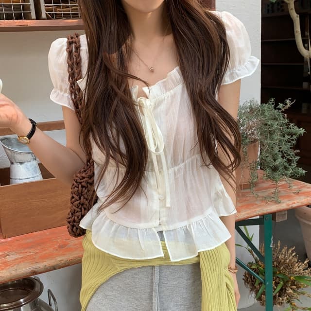 chic 한 부서 여름 프랑스식 달콤함 연령 감소 부드러운 프릴 주름 장식 허리 수축 반팔 쉬폰 셔츠 맨위