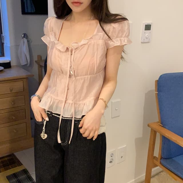 chic 한 부서 여름 프랑스식 달콤함 연령 감소 부드러운 프릴 주름 장식 허리 수축 반팔 쉬폰 셔츠 맨위 이미지 3