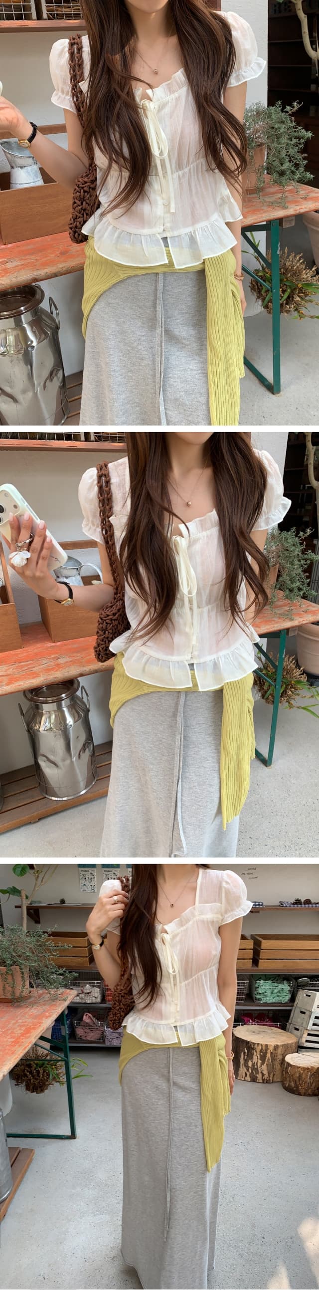 chic 한 부서 여름 프랑스식 달콤함 연령 감소 부드러운 프릴 주름 장식 허리 수축 반팔 쉬폰 셔츠 맨위 상세 이미지 2