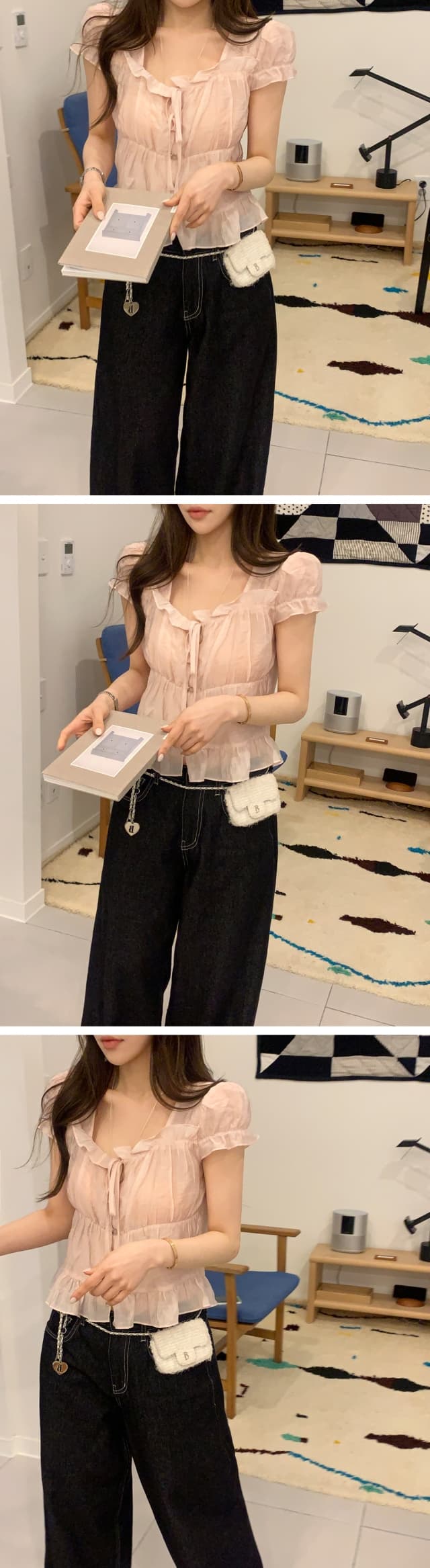 chic 한 부서 여름 프랑스식 달콤함 연령 감소 부드러운 프릴 주름 장식 허리 수축 반팔 쉬폰 셔츠 맨위 상세 이미지 10