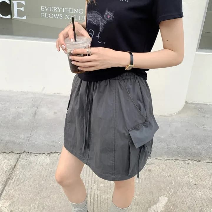 chic 한국 스타일 여름 레트로 패션 미니멀리즘 허리밴드 펌프 로프 워크웨어 주머니 다용도 짧은 바지 미니 스커트 상세 이미지 2