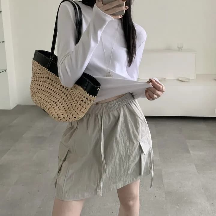 chic 한국 스타일 여름 레트로 패션 미니멀리즘 허리밴드 펌프 로프 워크웨어 주머니 다용도 짧은 바지 미니 스커트 상세 이미지 15