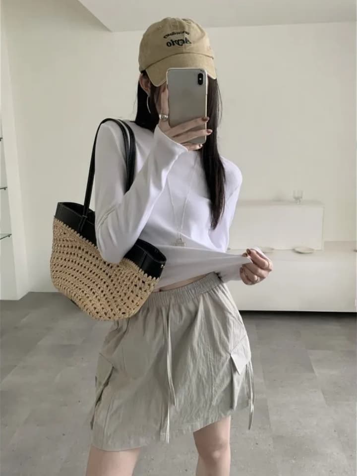 chic 한국 스타일 여름 레트로 패션 미니멀리즘 허리밴드 펌프 로프 워크웨어 주머니 다용도 짧은 바지 미니 스커트 상세 이미지 16