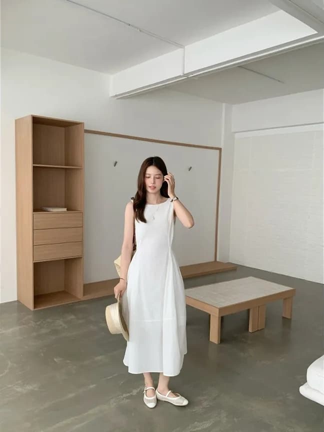 chic 한국 여름 프랑스식 작은 대중 허리 수축 슬림해 보이는 품격 캐주얼 민소매 조끼 스커트 드레스 상세 이미지 2