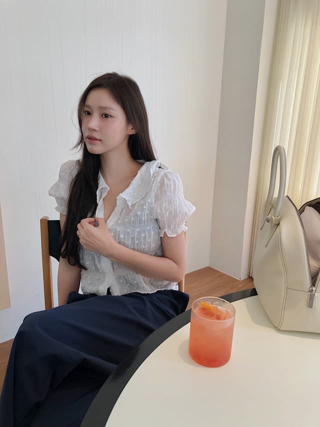 chic 한국 여름 새로운 프랑스식 품격 자카드 주름 장식 달콤함 순수한 욕망 얇은 스타일 쉬폰 셔츠 맨위 상세 이미지 5