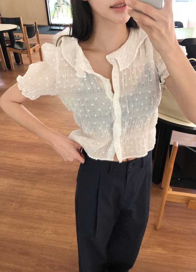 chic 한국 여름 새로운 프랑스식 품격 자카드 주름 장식 달콤함 순수한 욕망 얇은 스타일 쉬폰 셔츠 맨위 상세 이미지 8