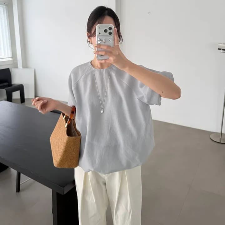 chic 한 부서 여름 부드러운 품격 미니멀리즘 작은 대중 거품 소매 루즈핏 슬림해 보이는 거품 소매 꽃밭 셔츠 맨위 이미지 3