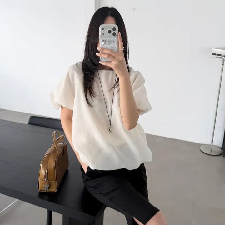 chic 한 부서 여름 부드러운 품격 미니멀리즘 작은 대중 거품 소매 루즈핏 슬림해 보이는 거품 소매 꽃밭 셔츠 맨위 이미지 2