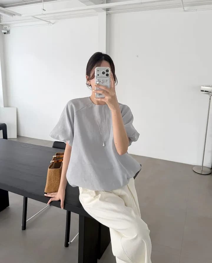chic 한 부서 여름 부드러운 품격 미니멀리즘 작은 대중 거품 소매 루즈핏 슬림해 보이는 거품 소매 꽃밭 셔츠 맨위 상세 이미지 1