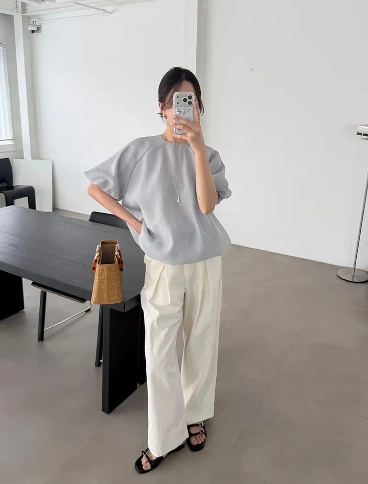 chic 한 부서 여름 부드러운 품격 미니멀리즘 작은 대중 거품 소매 루즈핏 슬림해 보이는 거품 소매 꽃밭 셔츠 맨위 상세 이미지 3