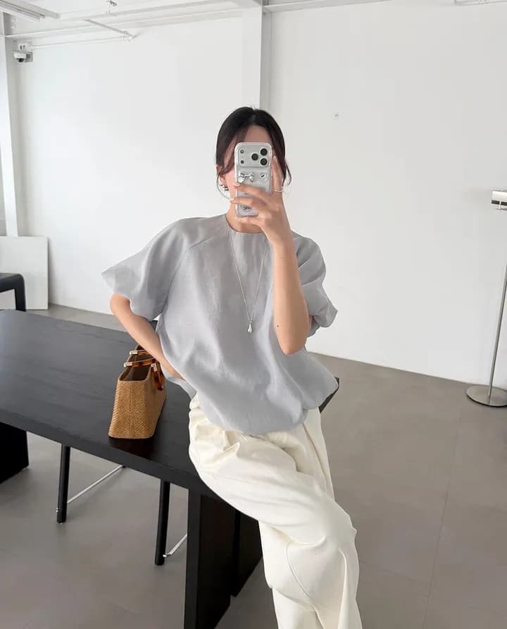 chic 한 부서 여름 부드러운 품격 미니멀리즘 작은 대중 거품 소매 루즈핏 슬림해 보이는 거품 소매 꽃밭 셔츠 맨위 상세 이미지 4