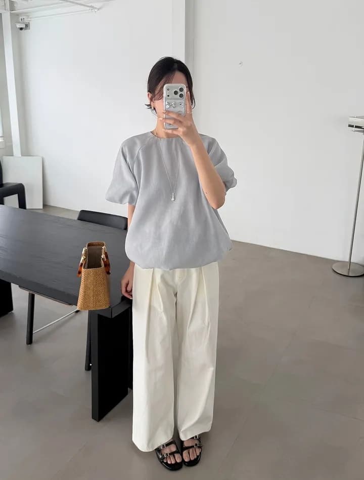 chic 한 부서 여름 부드러운 품격 미니멀리즘 작은 대중 거품 소매 루즈핏 슬림해 보이는 거품 소매 꽃밭 셔츠 맨위 상세 이미지 5