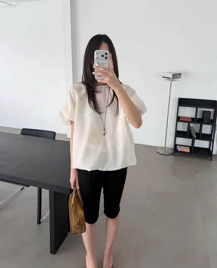 chic 한 부서 여름 부드러운 품격 미니멀리즘 작은 대중 거품 소매 루즈핏 슬림해 보이는 거품 소매 꽃밭 셔츠 맨위 상세 이미지 13