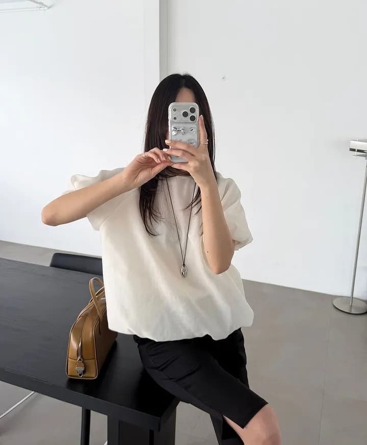 chic 한 부서 여름 부드러운 품격 미니멀리즘 작은 대중 거품 소매 루즈핏 슬림해 보이는 거품 소매 꽃밭 셔츠 맨위 상세 이미지 14