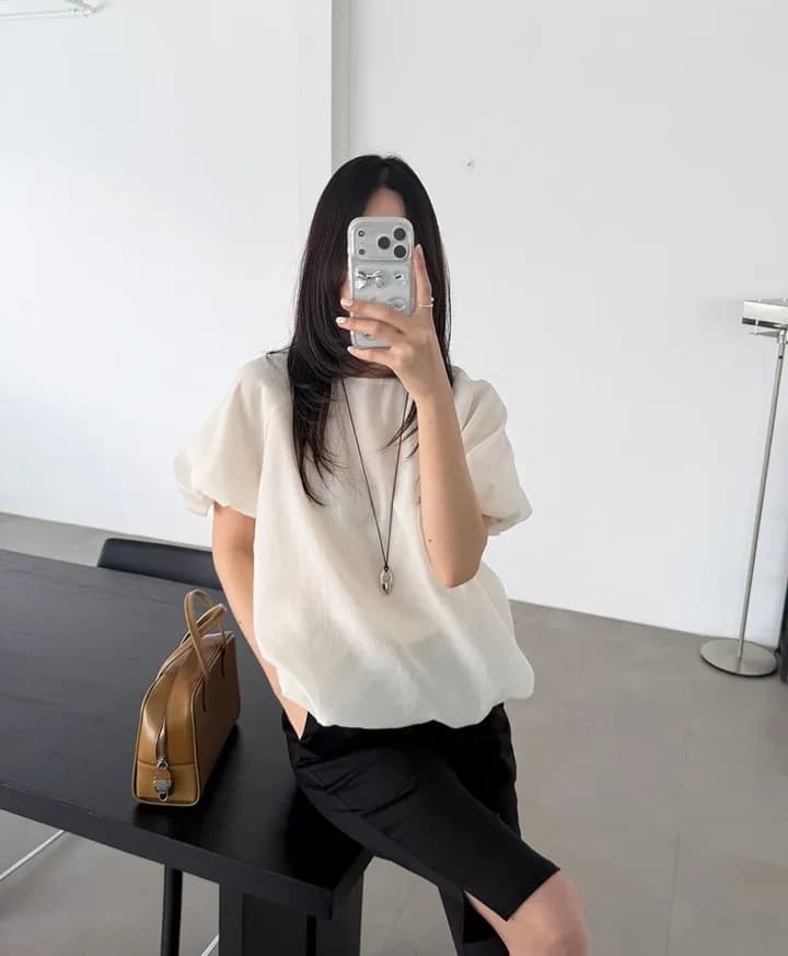 chic 한 부서 여름 부드러운 품격 미니멀리즘 작은 대중 거품 소매 루즈핏 슬림해 보이는 거품 소매 꽃밭 셔츠 맨위 상세 이미지 17