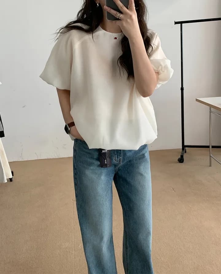 chic 한 부서 여름 부드러운 품격 미니멀리즘 작은 대중 거품 소매 루즈핏 슬림해 보이는 거품 소매 꽃밭 셔츠 맨위 상세 이미지 15
