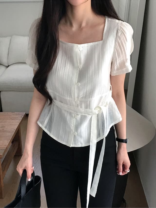 chic 한 부서 여름 프랑스식 품격 광장 칼라 주름 장식 마이크로 ~을 통해 레이스업 허리 수축 거품 소매 다용도 셔츠 맨위