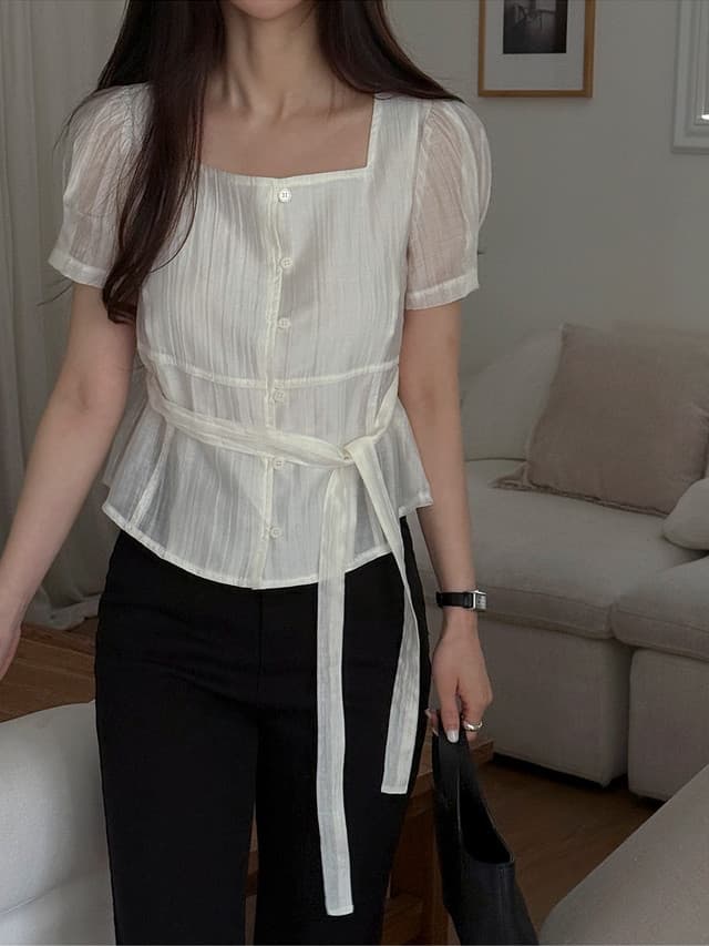 chic 한 부서 여름 프랑스식 품격 광장 칼라 주름 장식 마이크로 ~을 통해 레이스업 허리 수축 거품 소매 다용도 셔츠 맨위 이미지 4