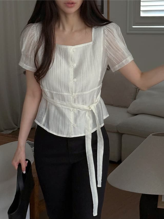 chic 한 부서 여름 프랑스식 품격 광장 칼라 주름 장식 마이크로 ~을 통해 레이스업 허리 수축 거품 소매 다용도 셔츠 맨위 상세 이미지 1