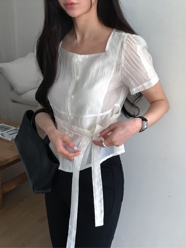chic 한 부서 여름 프랑스식 품격 광장 칼라 주름 장식 마이크로 ~을 통해 레이스업 허리 수축 거품 소매 다용도 셔츠 맨위 상세 이미지 3