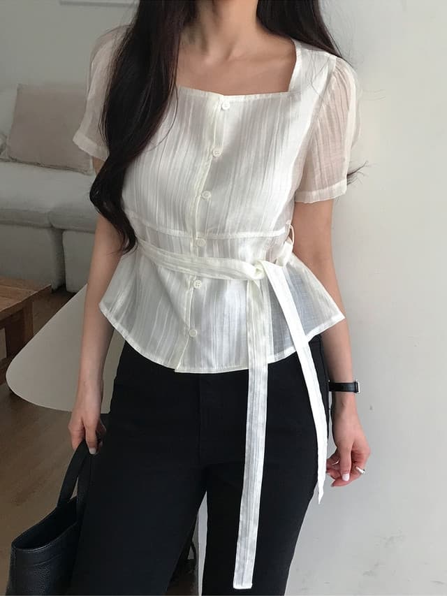 chic 한 부서 여름 프랑스식 품격 광장 칼라 주름 장식 마이크로 ~을 통해 레이스업 허리 수축 거품 소매 다용도 셔츠 맨위 상세 이미지 6