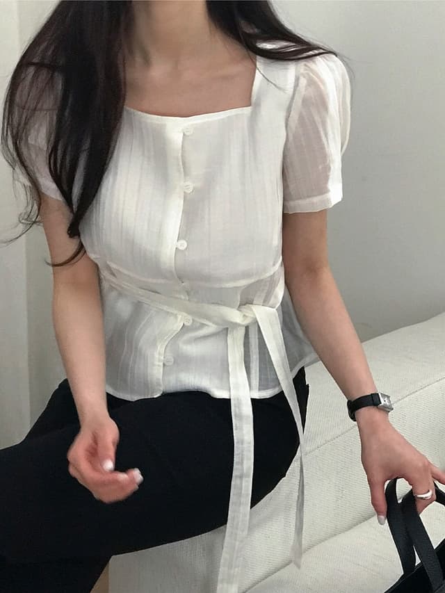 chic 한 부서 여름 프랑스식 품격 광장 칼라 주름 장식 마이크로 ~을 통해 레이스업 허리 수축 거품 소매 다용도 셔츠 맨위 상세 이미지 8