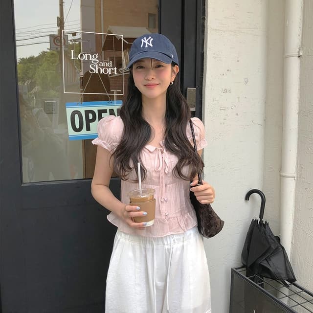 chic 한 부서 여름 프랑스식 달콤함 연령 감소 부드러운 프릴 주름 장식 허리 수축 반팔 쉬폰 셔츠 맨위