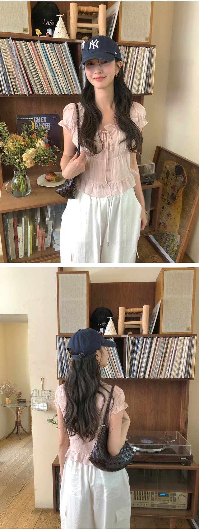 chic 한 부서 여름 프랑스식 달콤함 연령 감소 부드러운 프릴 주름 장식 허리 수축 반팔 쉬폰 셔츠 맨위 상세 이미지 2