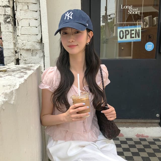 chic 한 부서 여름 프랑스식 달콤함 연령 감소 부드러운 프릴 주름 장식 허리 수축 반팔 쉬폰 셔츠 맨위 상세 이미지 5