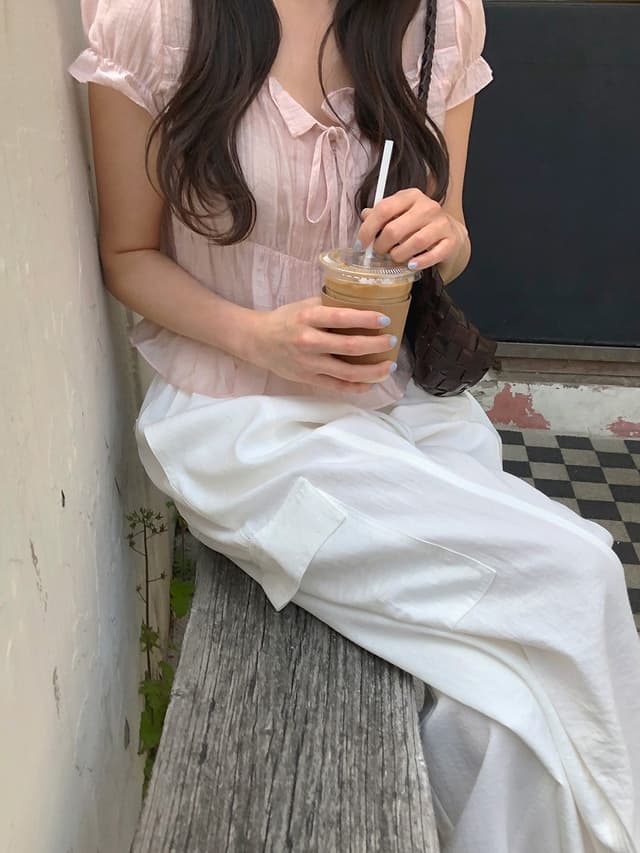 chic 한 부서 여름 프랑스식 달콤함 연령 감소 부드러운 프릴 주름 장식 허리 수축 반팔 쉬폰 셔츠 맨위 상세 이미지 7