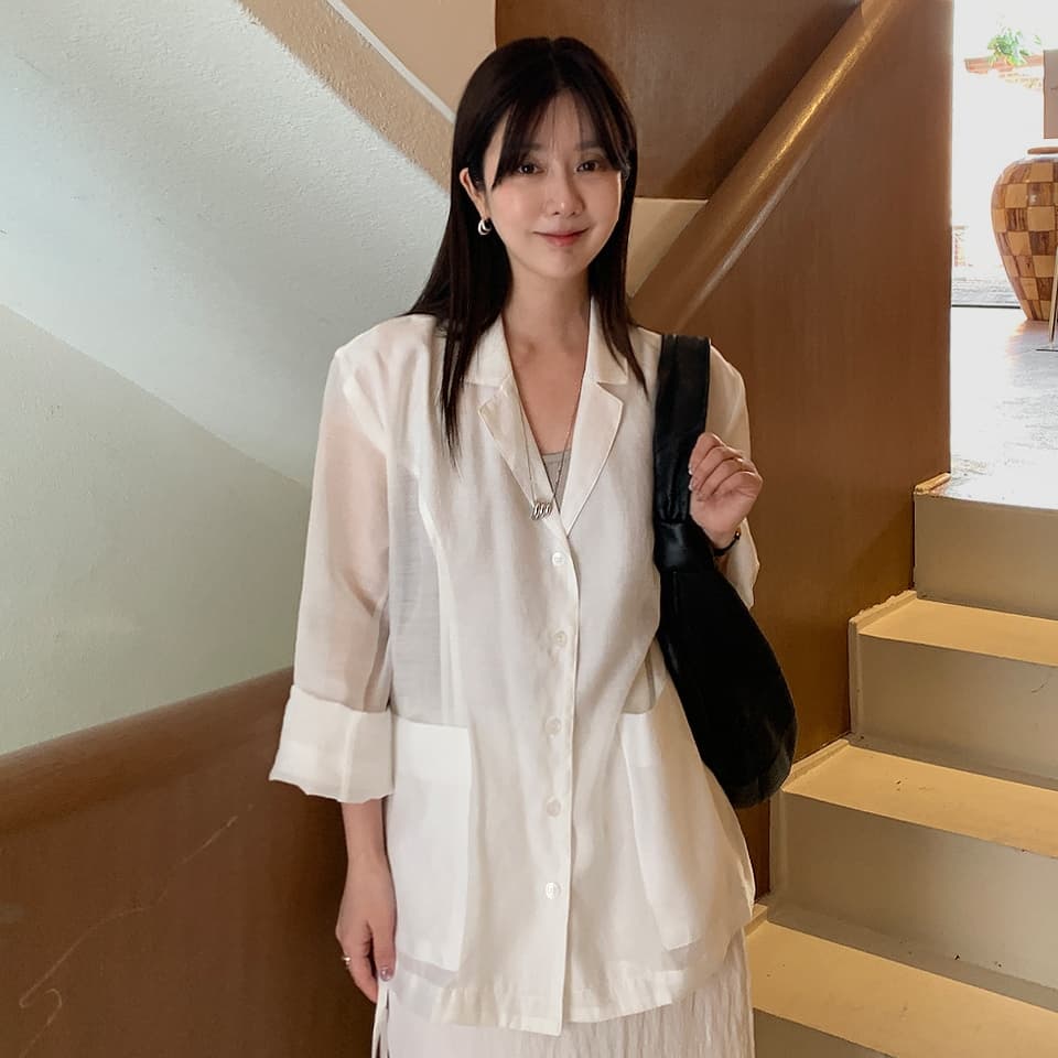 chic 한 부서 여름 레트로 빛 요리 한 패션 미니멀리즘 캐주얼 주머니 얇은 스타일 자외선 차단 조류 소녀 블레이저 이미지 3