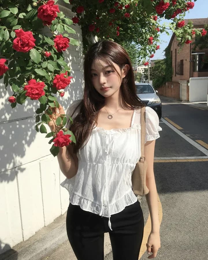 chic 한 부서 여름 프랑스식 달콤함 연령 감소 부드러운 프릴 주름 장식 허리 수축 반팔 쉬폰 셔츠 맨위