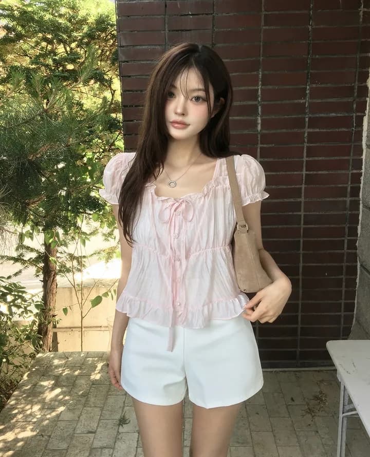 chic 한 부서 여름 프랑스식 달콤함 연령 감소 부드러운 프릴 주름 장식 허리 수축 반팔 쉬폰 셔츠 맨위 이미지 2