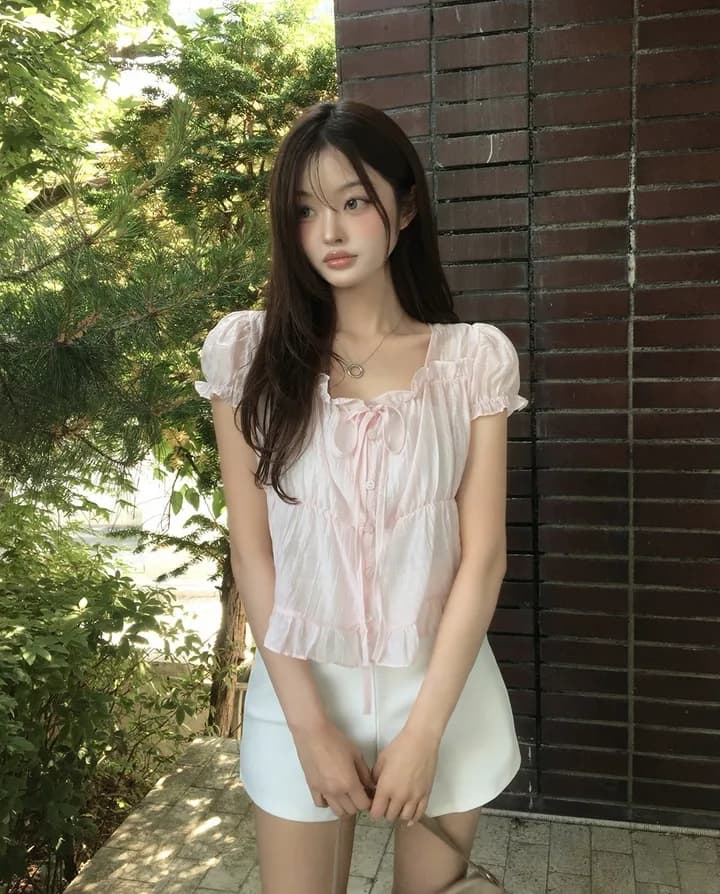 chic 한 부서 여름 프랑스식 달콤함 연령 감소 부드러운 프릴 주름 장식 허리 수축 반팔 쉬폰 셔츠 맨위 상세 이미지 2