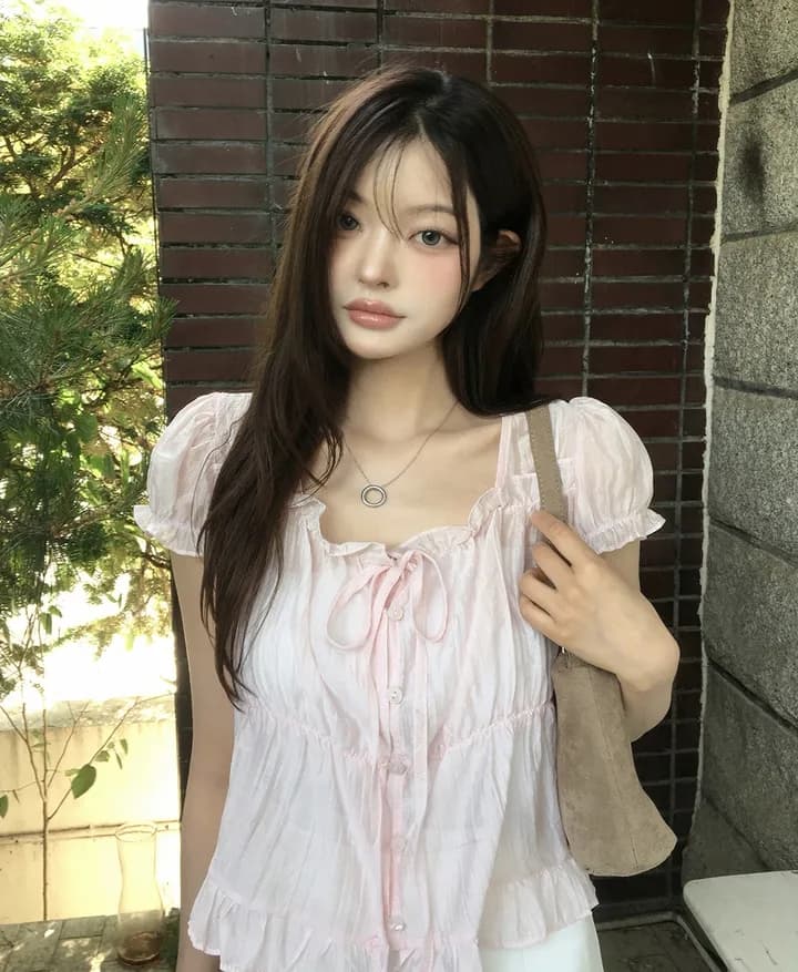 chic 한 부서 여름 프랑스식 달콤함 연령 감소 부드러운 프릴 주름 장식 허리 수축 반팔 쉬폰 셔츠 맨위 상세 이미지 3