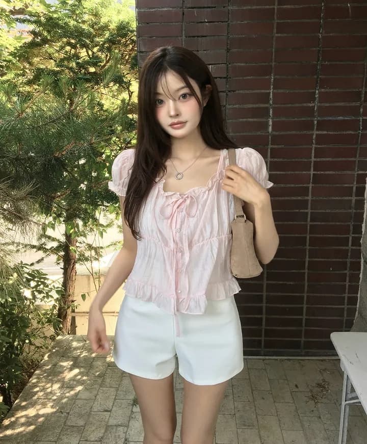 chic 한 부서 여름 프랑스식 달콤함 연령 감소 부드러운 프릴 주름 장식 허리 수축 반팔 쉬폰 셔츠 맨위 상세 이미지 5