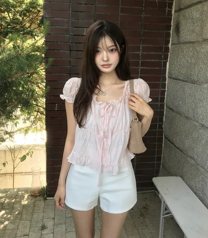 chic 한 부서 여름 프랑스식 달콤함 연령 감소 부드러운 프릴 주름 장식 허리 수축 반팔 쉬폰 셔츠 맨위 상세 이미지 7