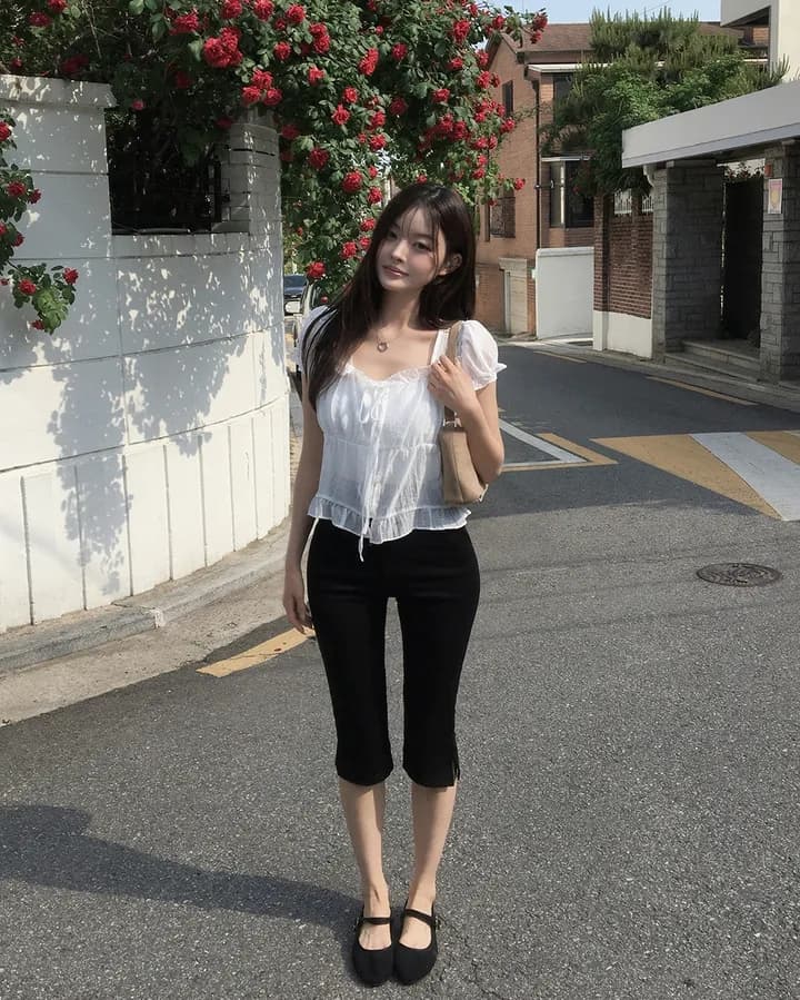 chic 한 부서 여름 프랑스식 달콤함 연령 감소 부드러운 프릴 주름 장식 허리 수축 반팔 쉬폰 셔츠 맨위 상세 이미지 15