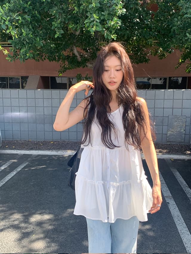 chic 한국 스타일 여름 패션 달콤함 프릴 미니멀리즘 스택 착용 라운드 넥 싱글 줄 버튼 민소매 드레스