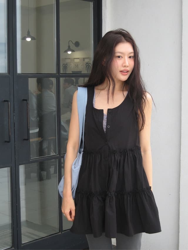 chic 한국 스타일 여름 패션 달콤함 프릴 미니멀리즘 스택 착용 라운드 넥 싱글 줄 버튼 민소매 드레스 상세 이미지 1